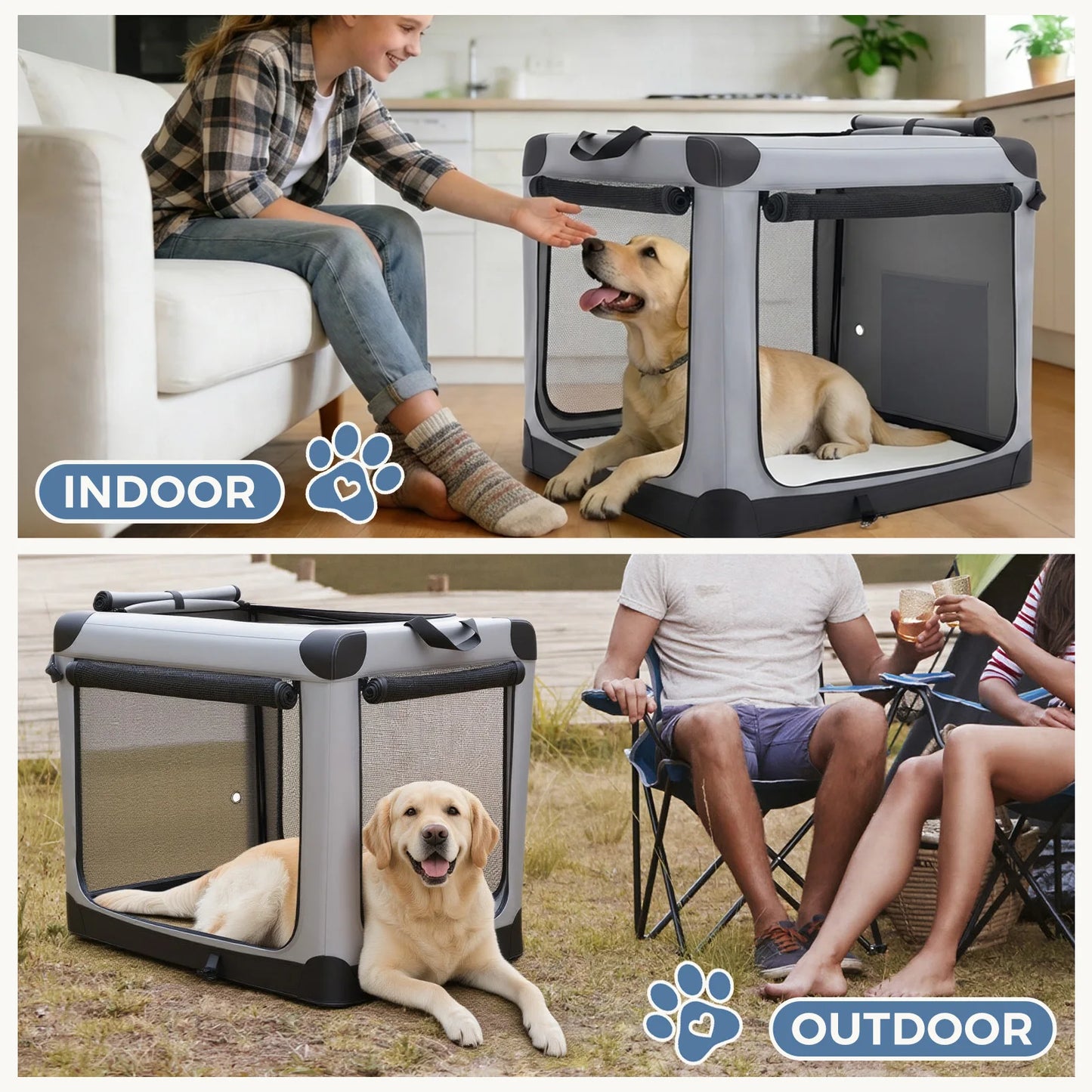 JHK Foldable Soft Dog Crate With 3 Doors Portable Kennel