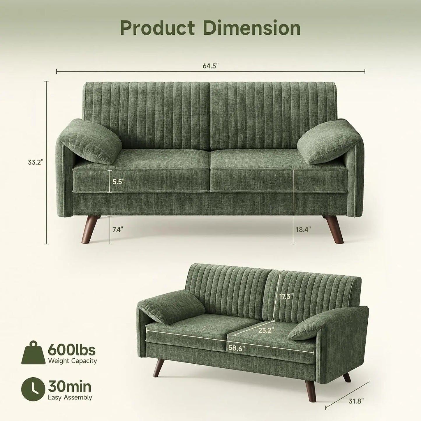Onbrill Modern Chenille Fabric Loveseat Sofa With Wooden High Legs