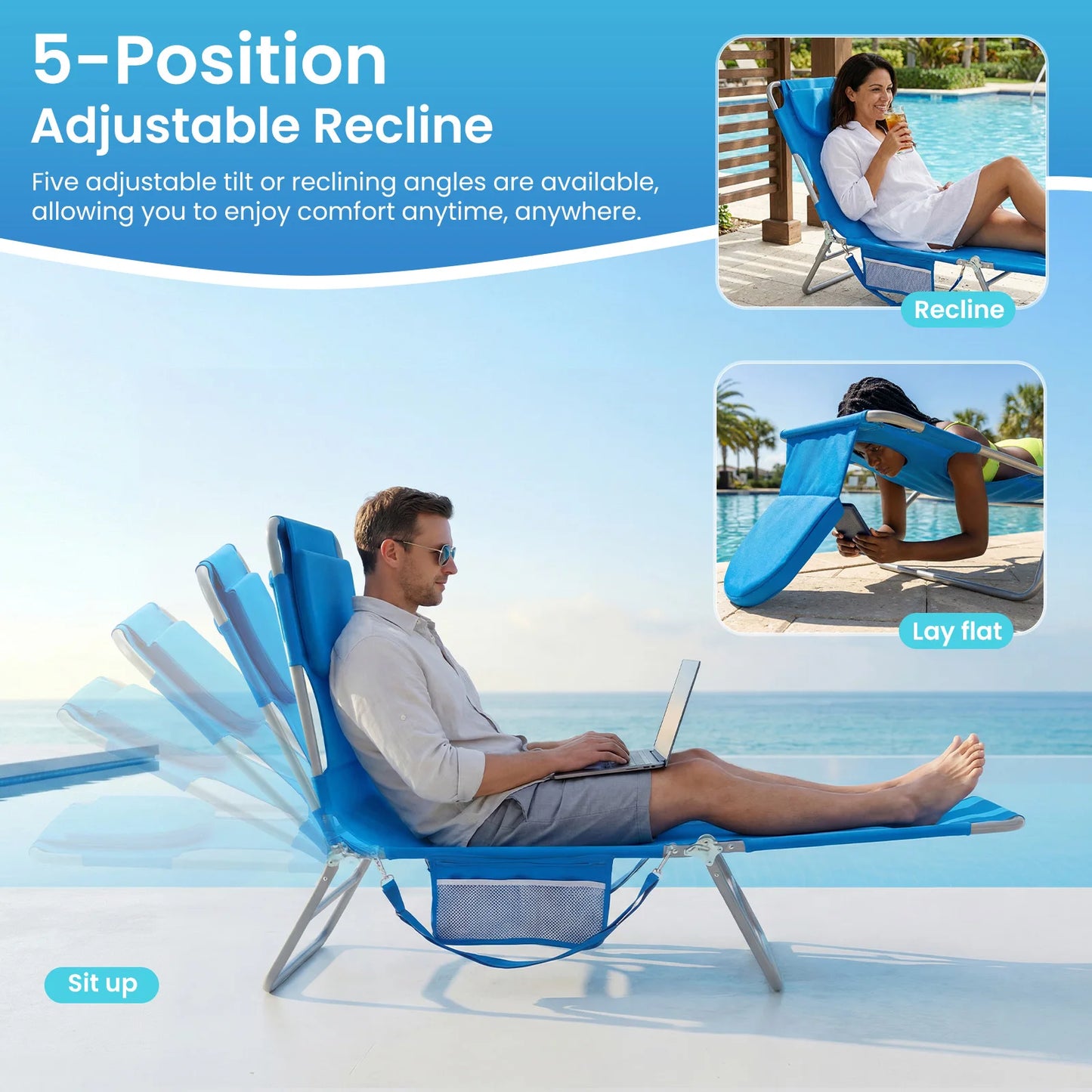 JHK Five Position Adjustable Recline Beach Lounge Chair Portable Folding