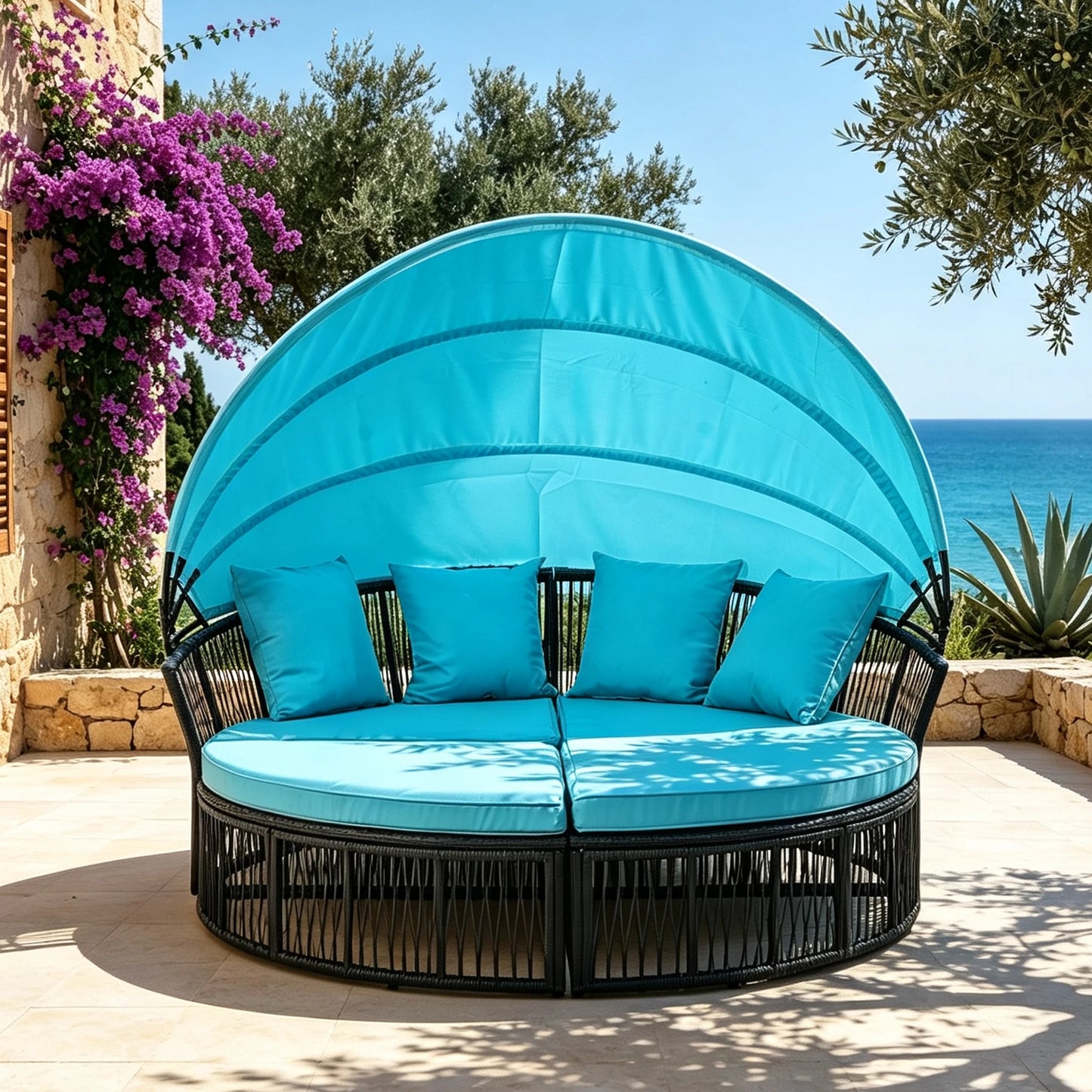 Avenvista Outdoor Rattan Daybed With Foldable Canopy And Cushions