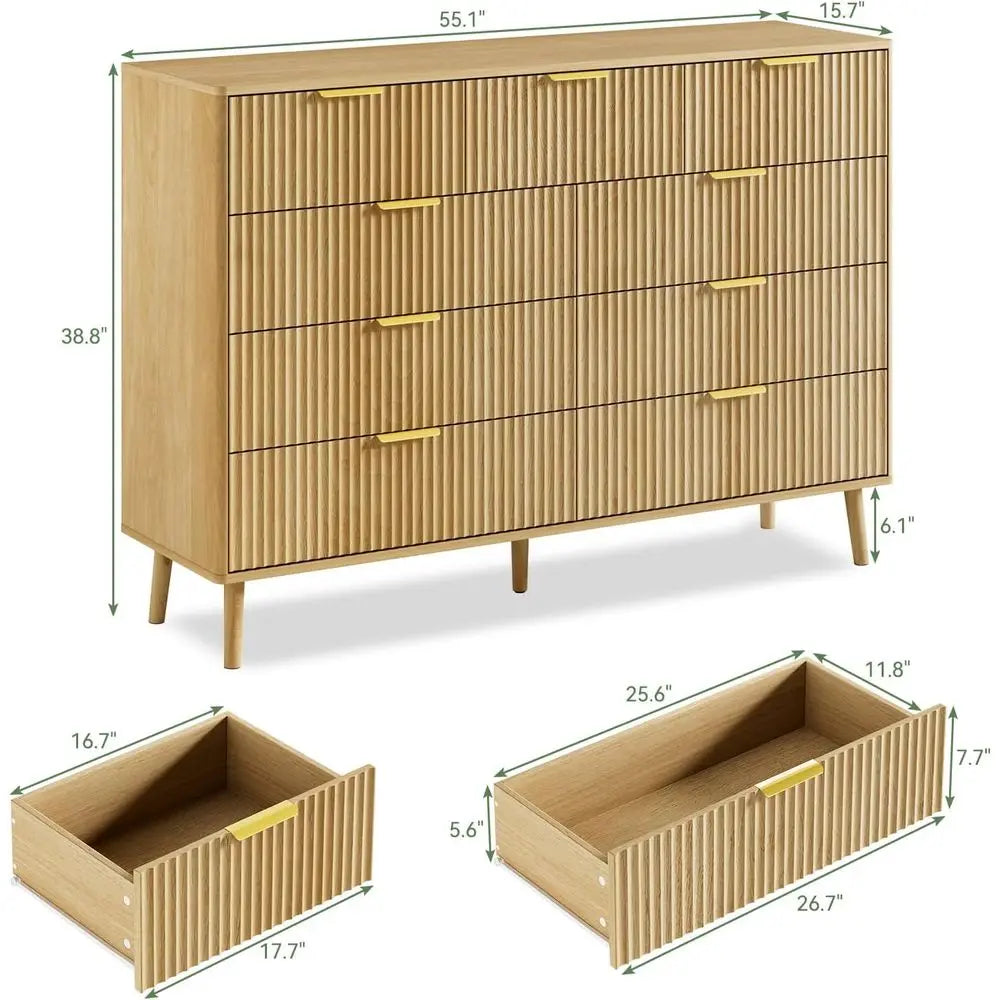 Nine Drawer Dresser With Curved Profile And Metal Handles