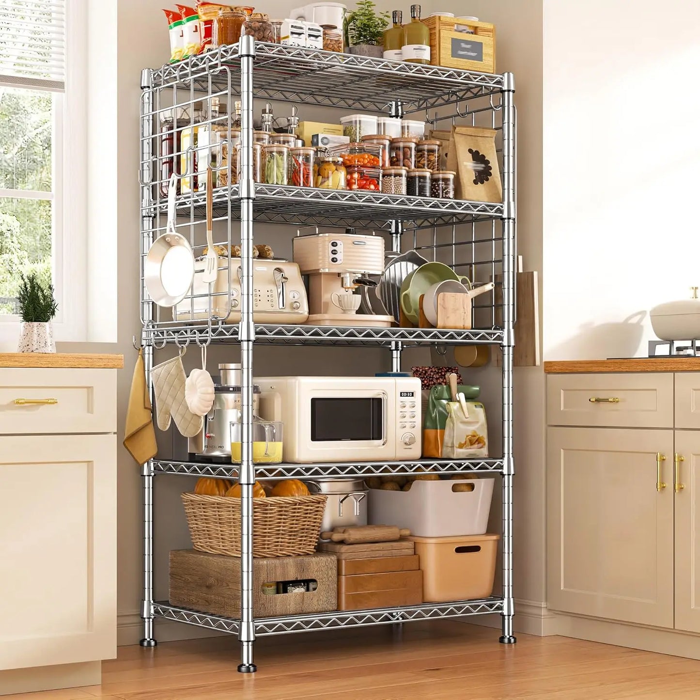 5 Tier Stainless Steel Shelving With Side Hanging Net Hooks For Kitchen