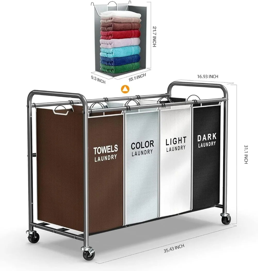 4-Section Laundry Hamper Sorter Cart With Lockable Wheels