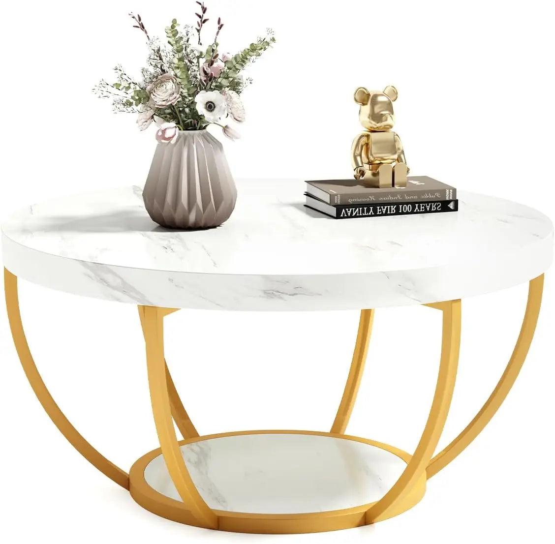 Little Tree Circle Marble Coffee Table With Gold Metal Legs Open Storage