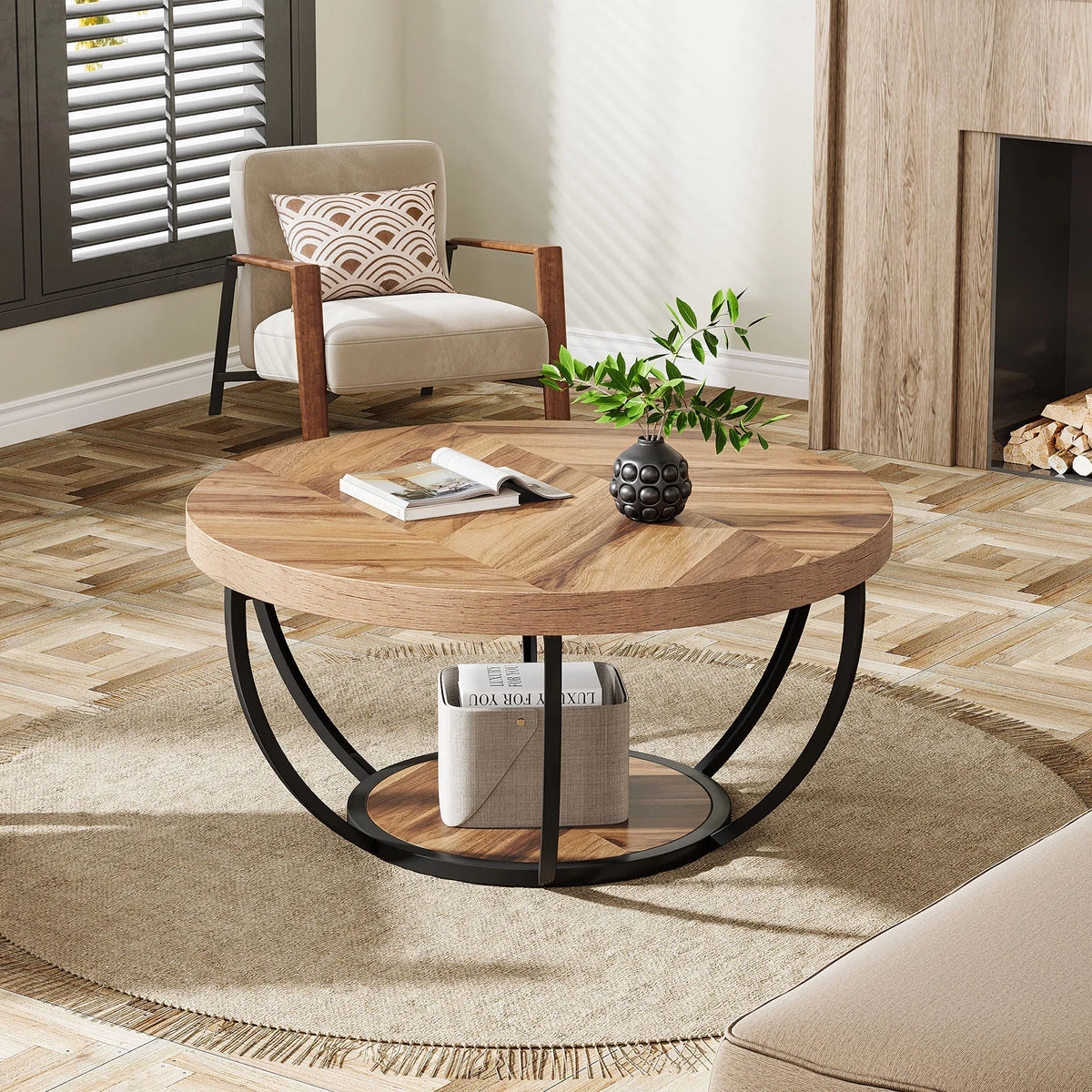 Tribesigns Industrial Round Coffee Table with Two Tier Storage Shelves