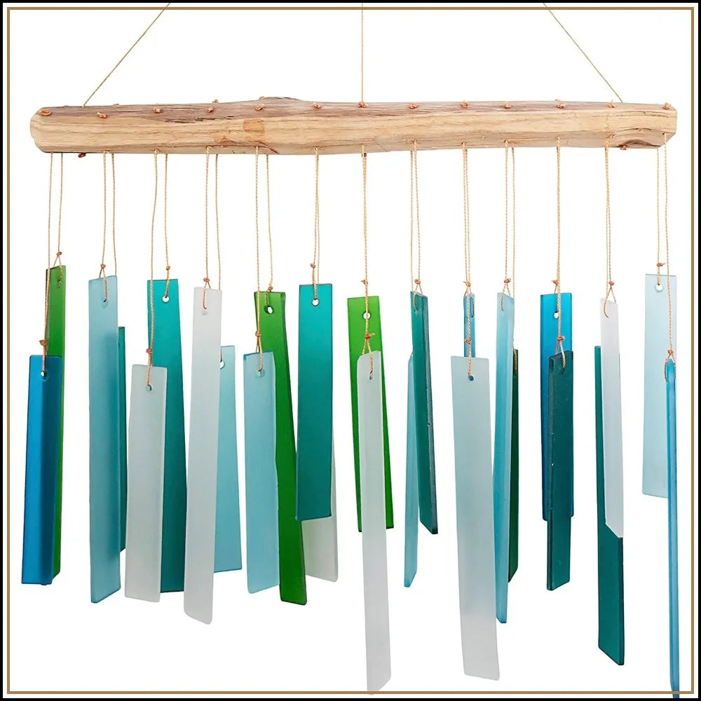 Handcrafted Sea Glass And Driftwood Wind Chime With Sandblasted Glass