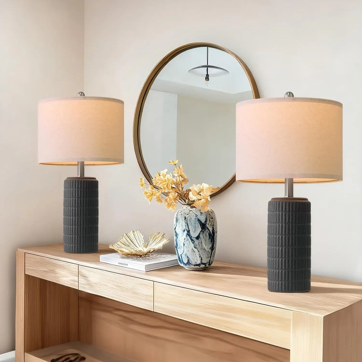 Stone Like Ceramic Table Lamps Set of 2 for Nightstands