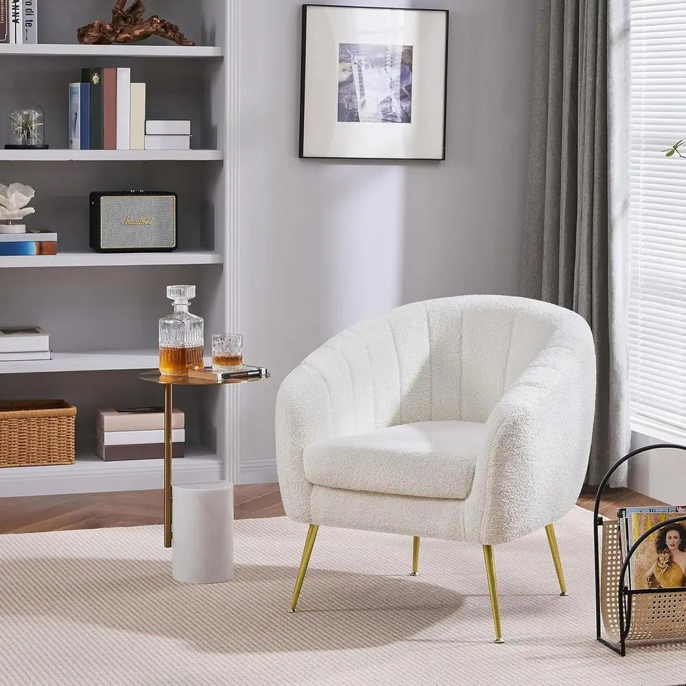 Barrel Accent Chairs Set of 2 Boucle Fabric Armchairs with Gold Legs