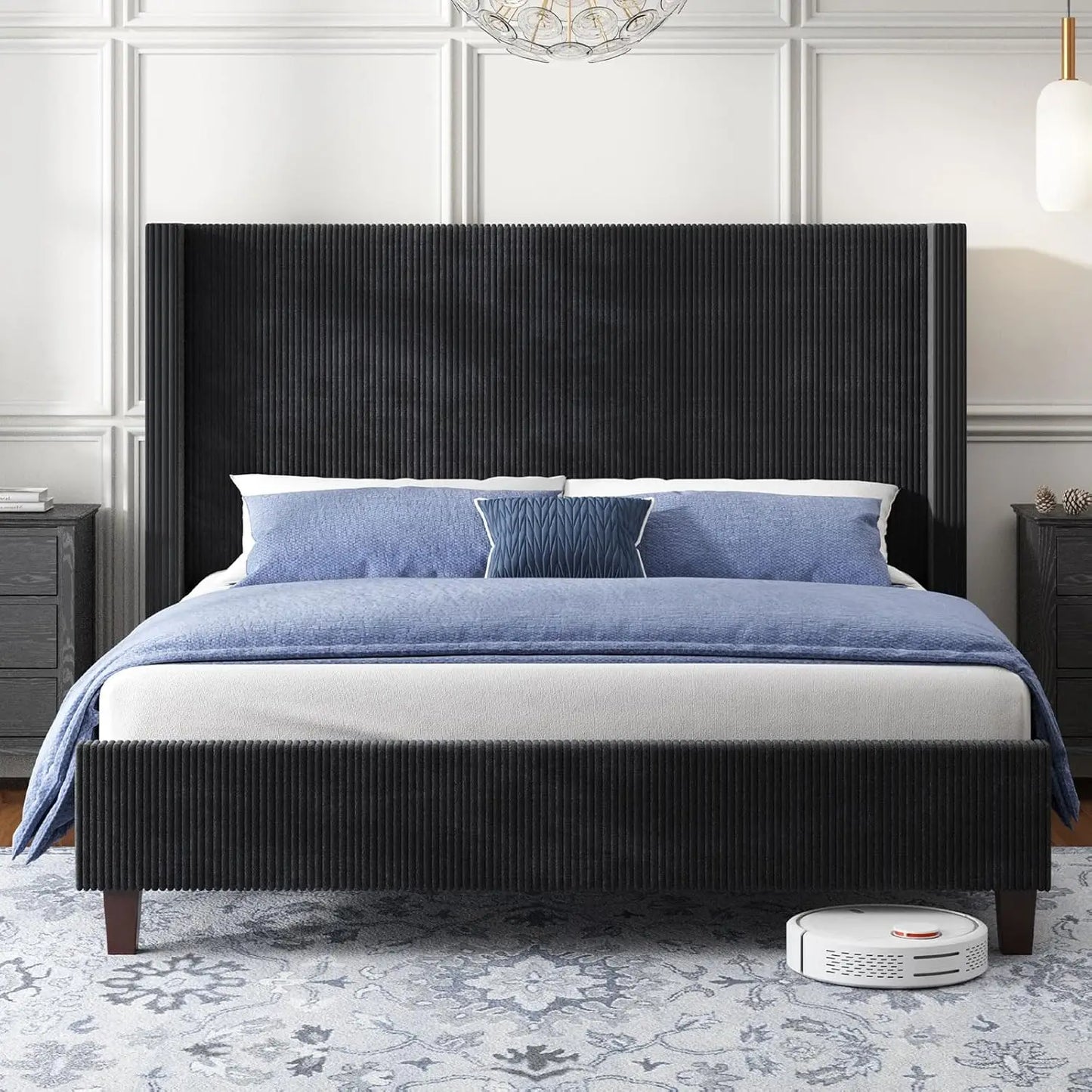 General Modern Corduroy Wingback Upholstered Bed Frame