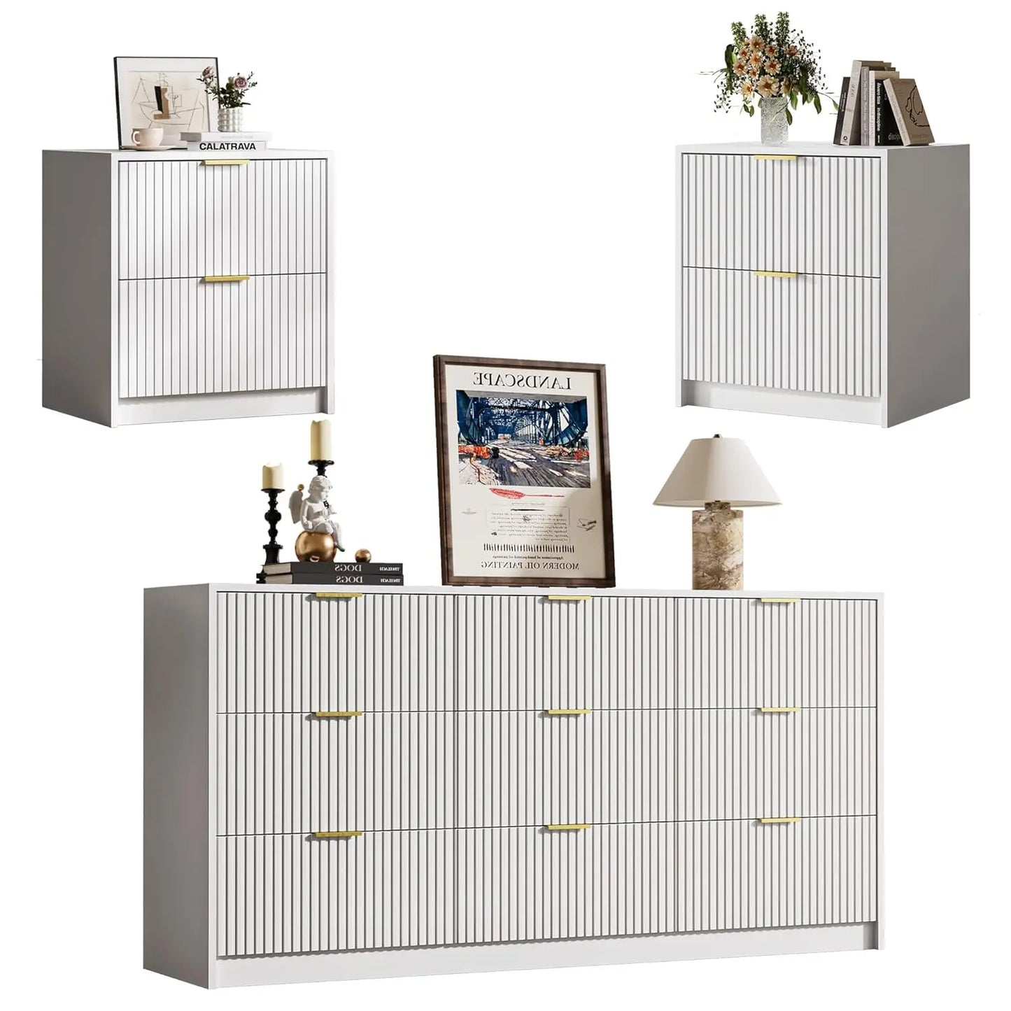 Dresser Bedroom Set With 9 Drawer Dresser And 2 Drawer Nightstands Gold Handles
