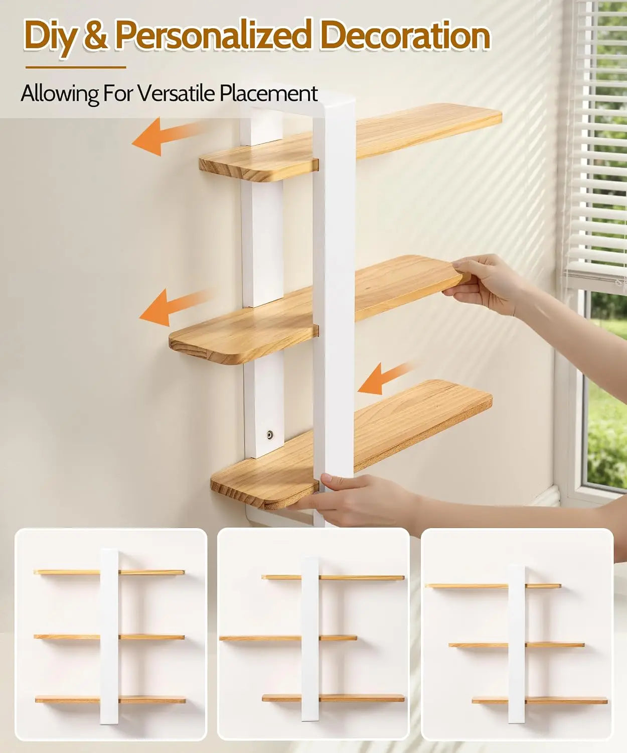 Floating Three Tier Pine Wood Wall Shelves For Living Room