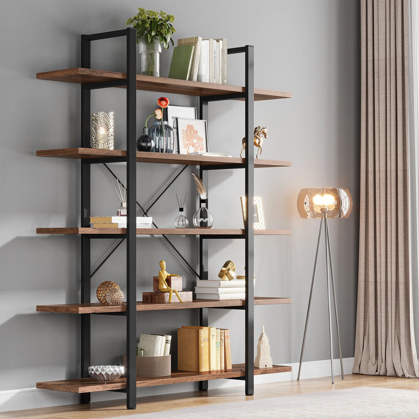 Tribesigns 5 Tier Bookshelf Vintage Industrial Style Bookcase
