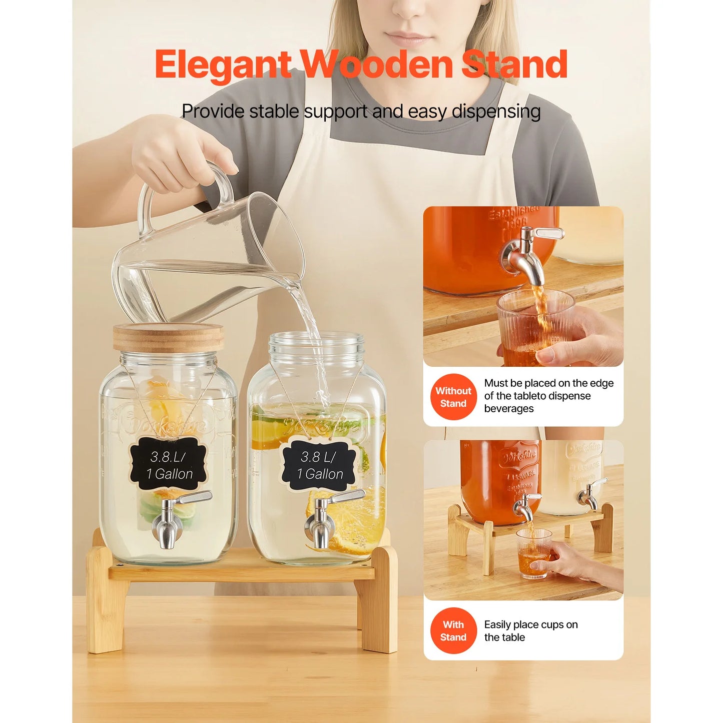 SucceBuy Glass Beverage Dispenser With Wood Stand Dual Cylinder