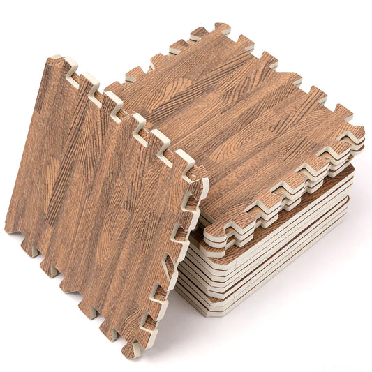 Wood Grain Interlocking EVA Foam Floor Tiles, 24 Pack 30x30cm Waterproof Puzzle Exercise Mat, 1cm Thick Noise Reduction Non Slip Foam Flooring for Living Room Bedroom Gym Kids Playroom