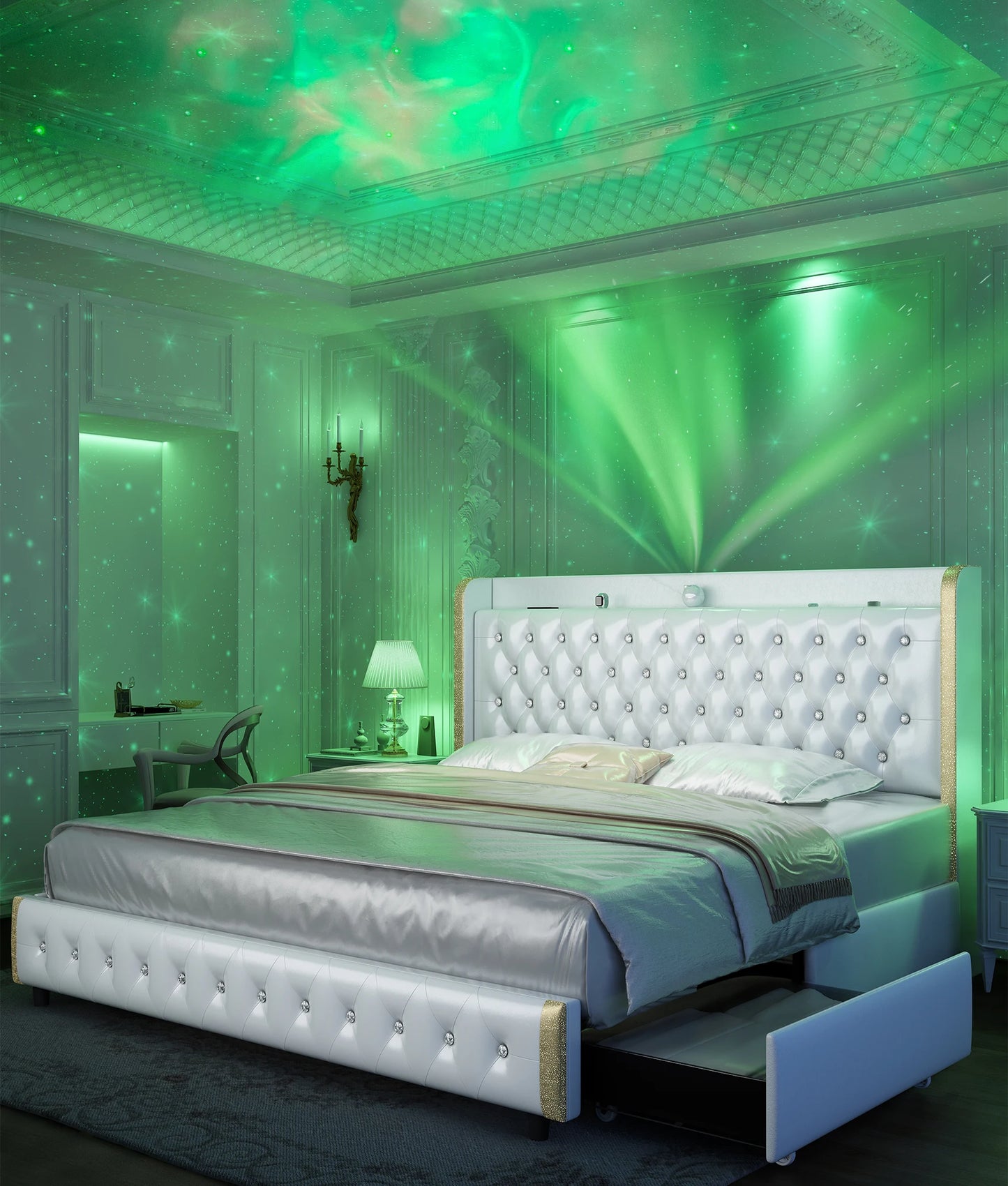 GEGOFORU Queen LED Bed Frame With Galaxy Projector Bluetooth Speaker USB Ports