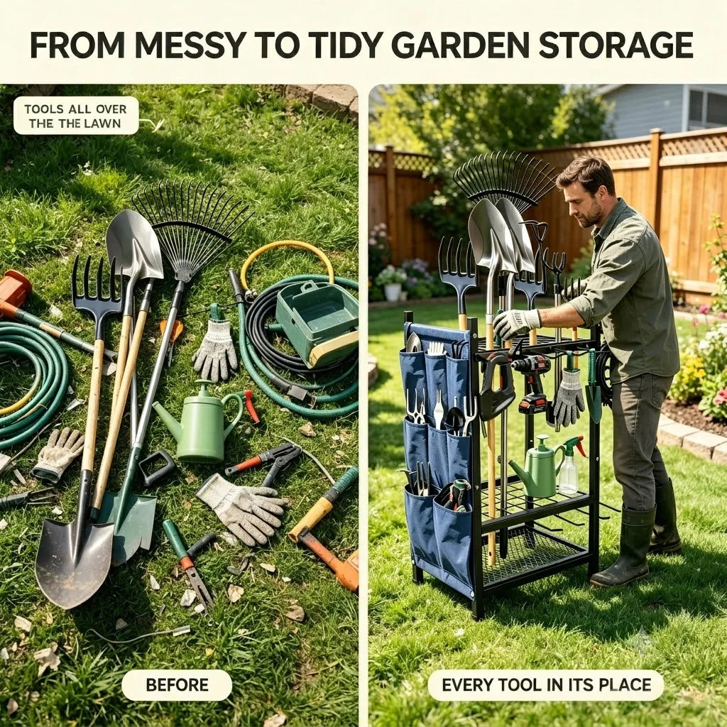 Heavy Duty Garden Tool Storage Rack Freestanding Long Handle Holder
