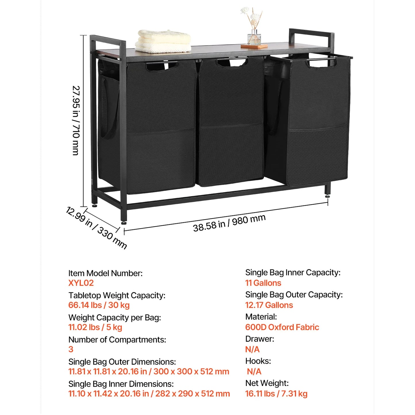 SucceBuy Laundry Sorter Hamper With Metal Frame Freestanding Organizer Baskets