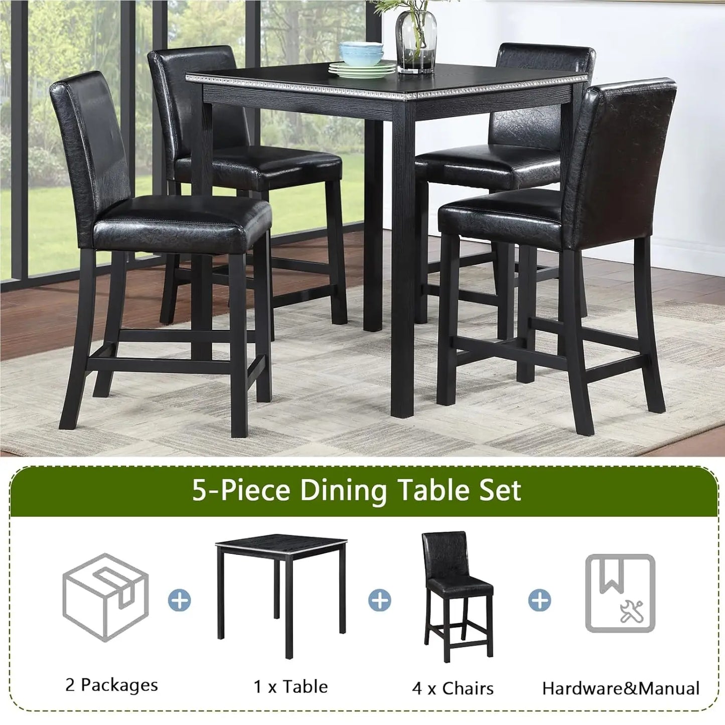 Solid Wood Dining Table Set For Four With Upholstered Chairs