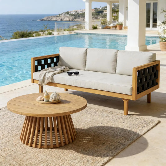 Acacia Wood Outdoor Daybed Sofa With Coffee Table And Cushions