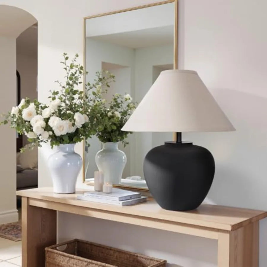 Ceramic Pot Table Lamp 18.5 inch Circular Frosted Nightstand Lamp Tapered Fabric Shade Bedside Ceramic Decorative for Living Ro