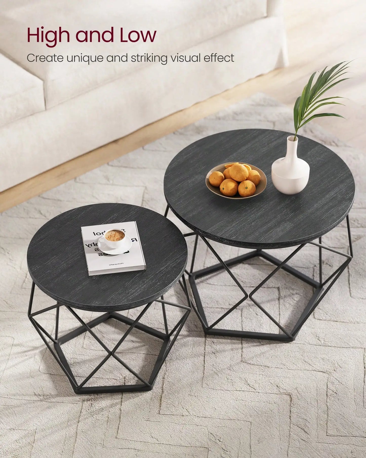 Round Coffee Table Set of 2 With Steel Frame for Living Room