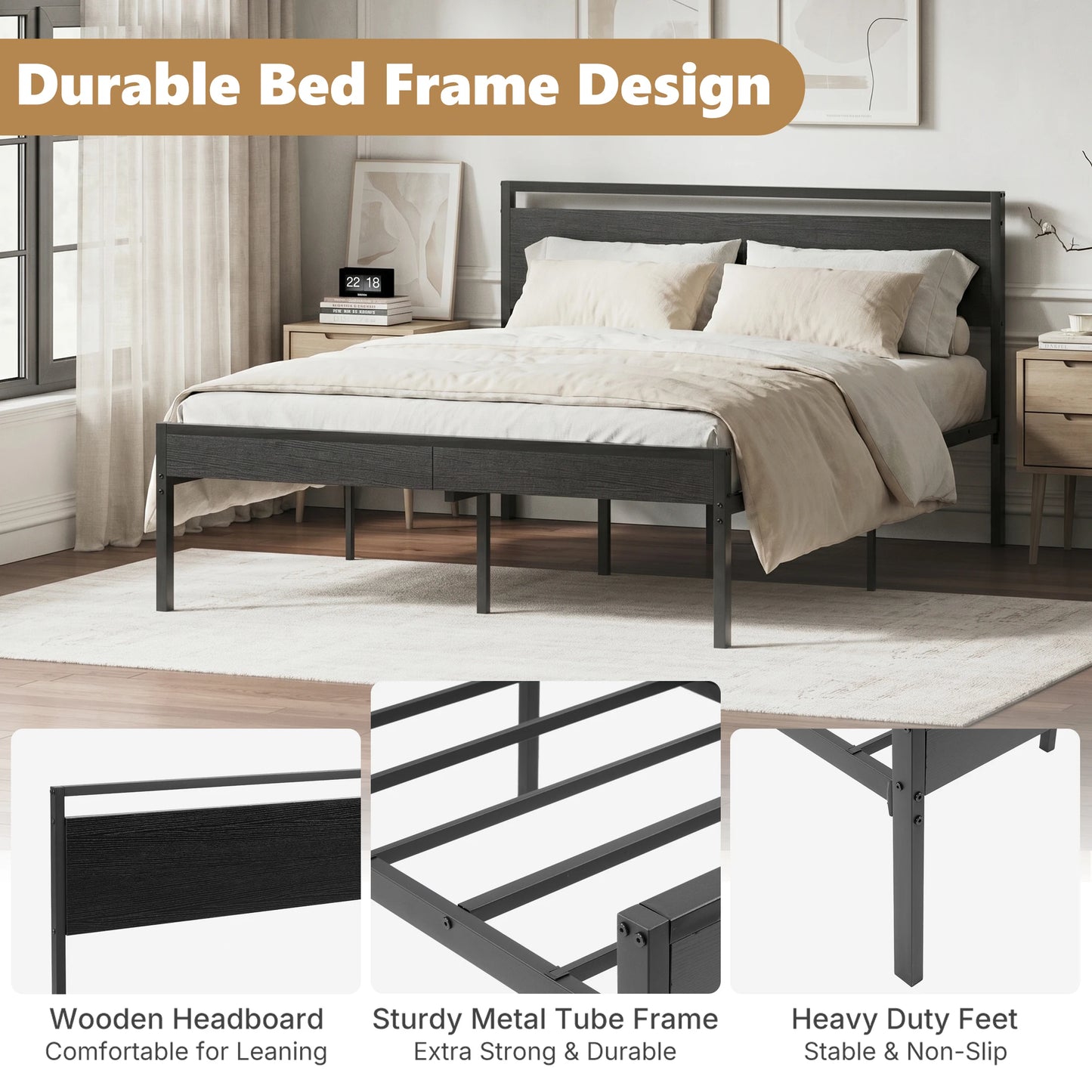JHK Heavy Duty Metal Bed Frame With Wood Headboard
