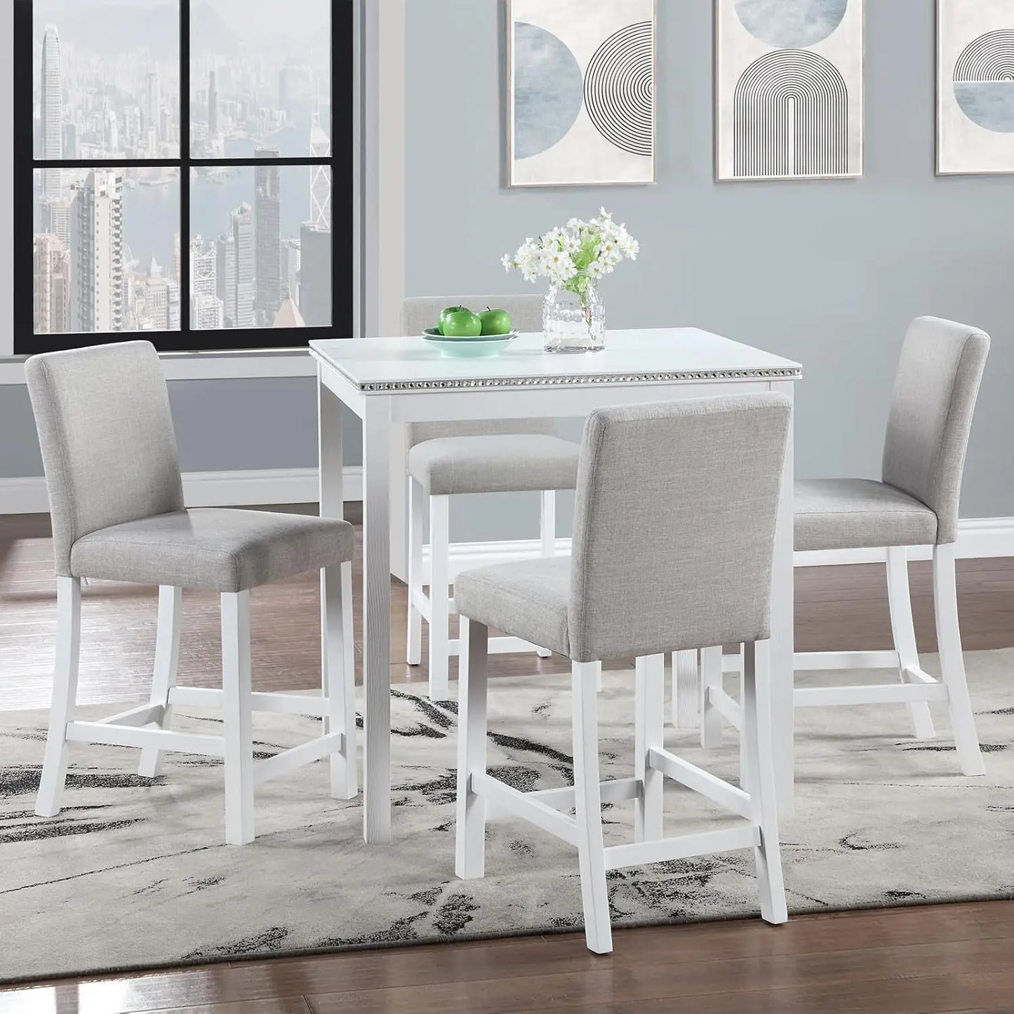 Solid Wood Dining Table Set For Four With Upholstered Chairs
