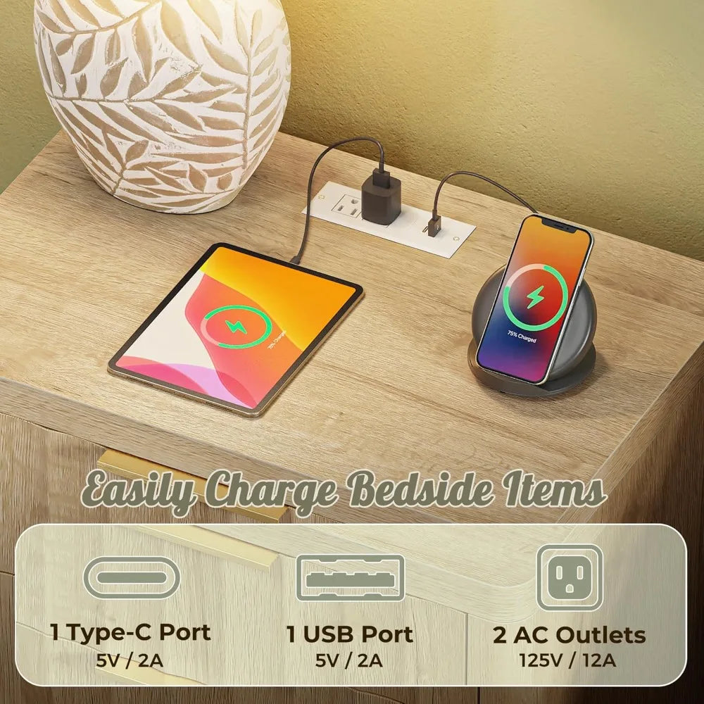 Fluted Wood Nightstands With USBC Charger Station Set Of 2