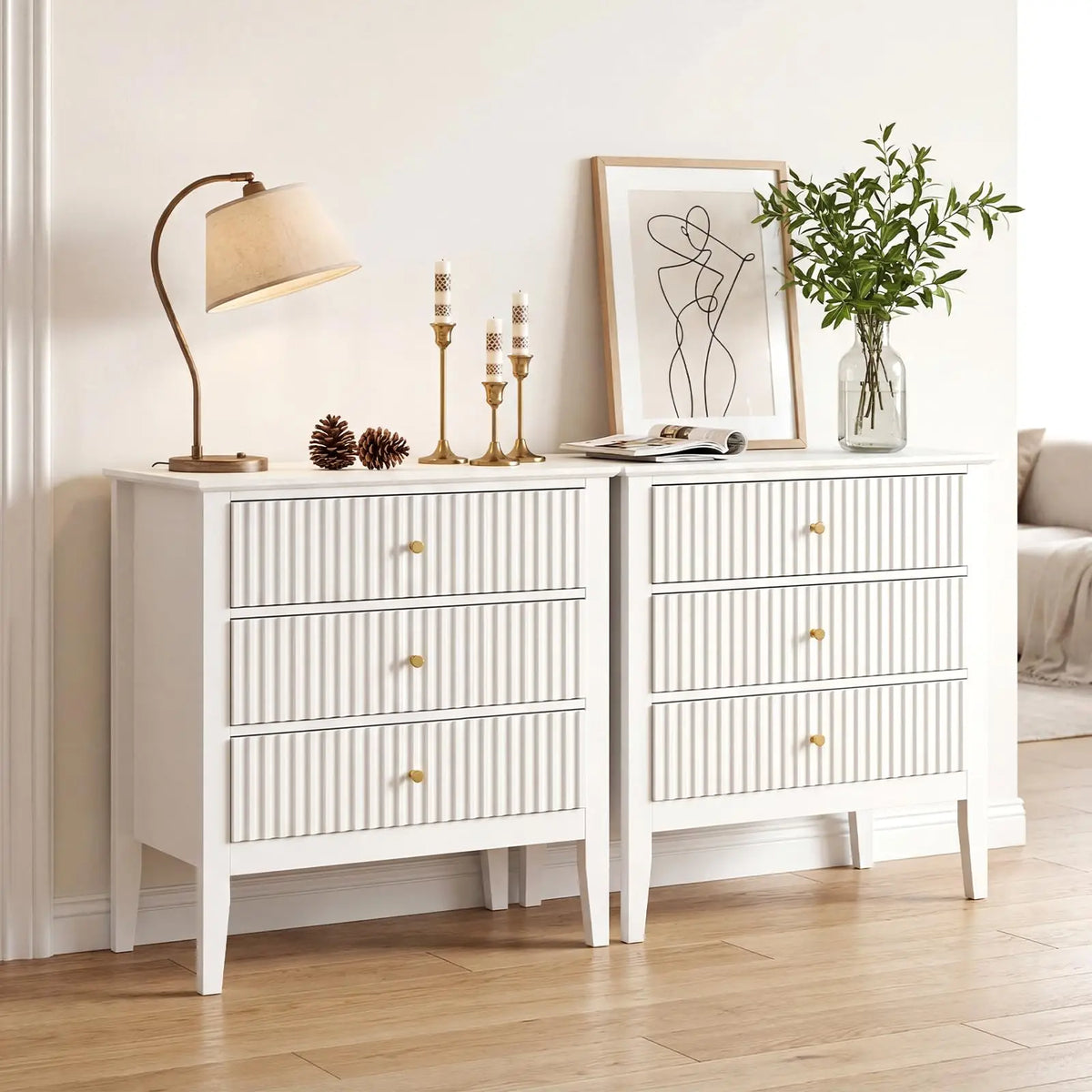 HiMISS Fluted Nightstand With Charging Station And Three Drawers