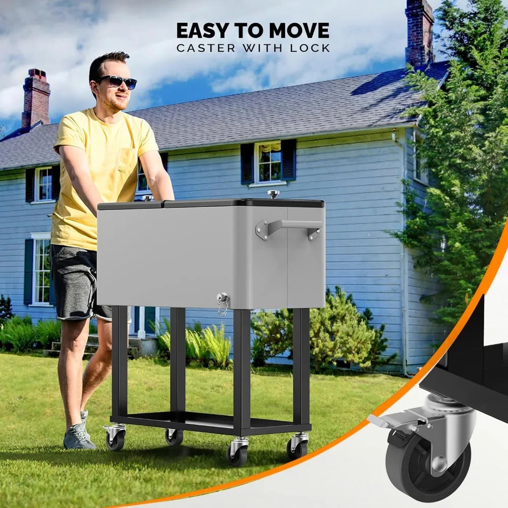 Rolling Ice Chest Wheels 80 Quart Portable Beverage Cooler Cart
