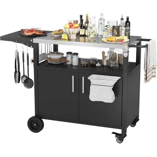 Outdoor Grill Cart Storage Kitchen Island With Foldable Steel Top