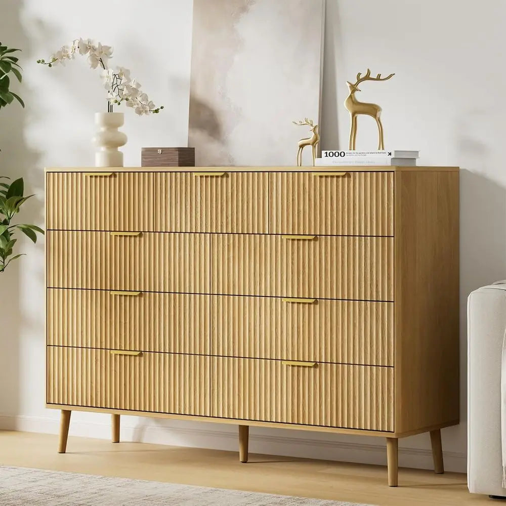 Nine Drawer Dresser With Curved Profile And Metal Handles