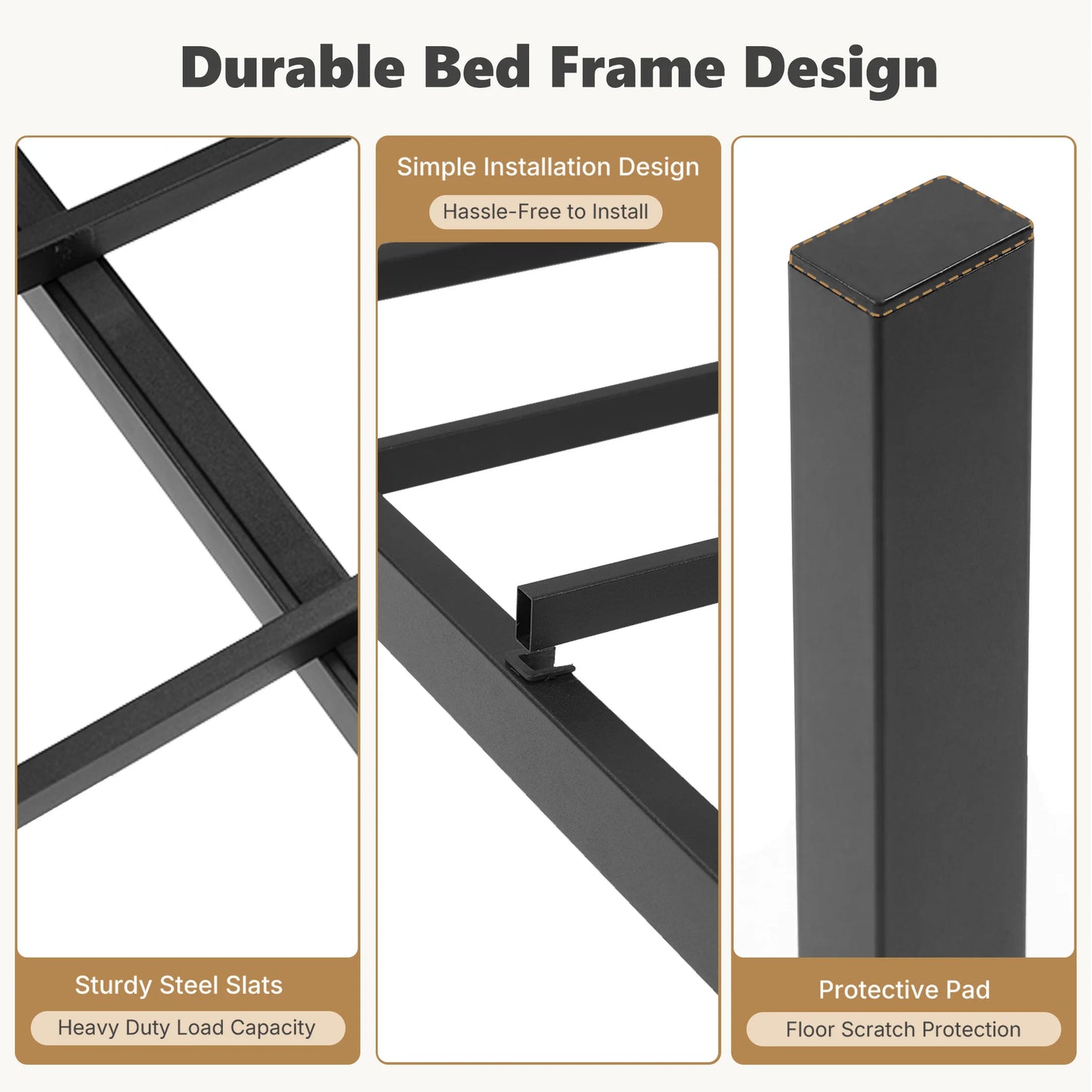 JHK Heavy Duty Metal Bed Frame With Wood Headboard