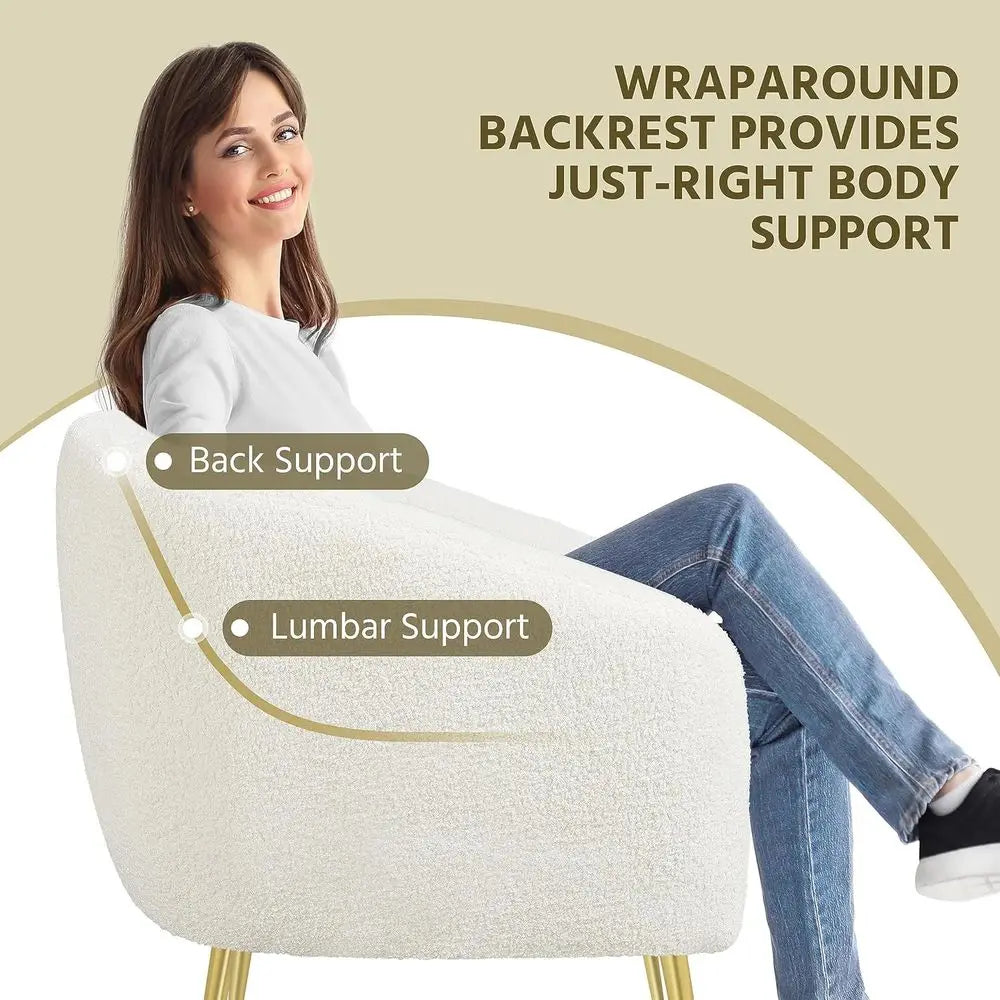 Barrel Accent Chairs Set of 2 Boucle Fabric Armchairs with Gold Legs