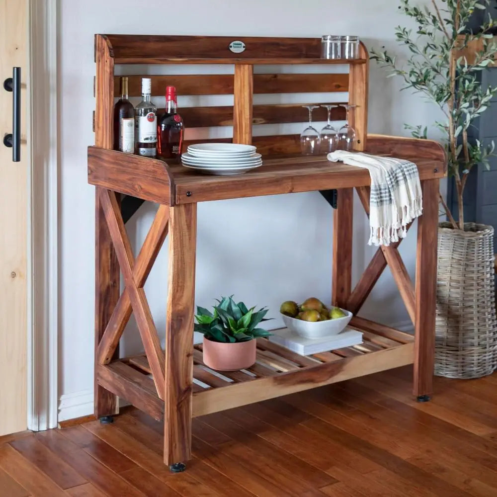 Acacia Wood Garden Potting Bench With Serving Bar Outdoor