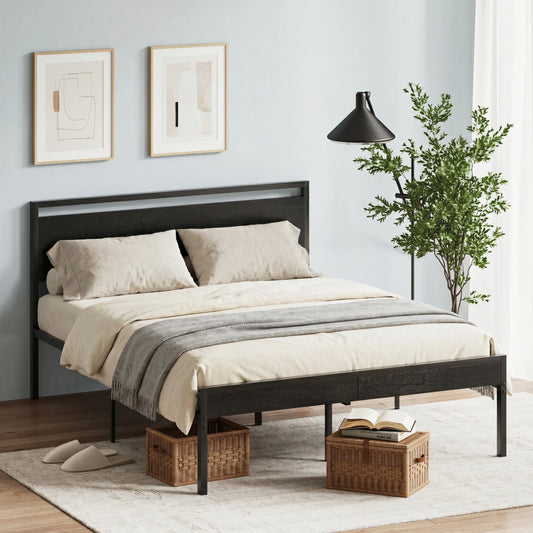 JHK Heavy Duty Metal Bed Frame With Wood Headboard