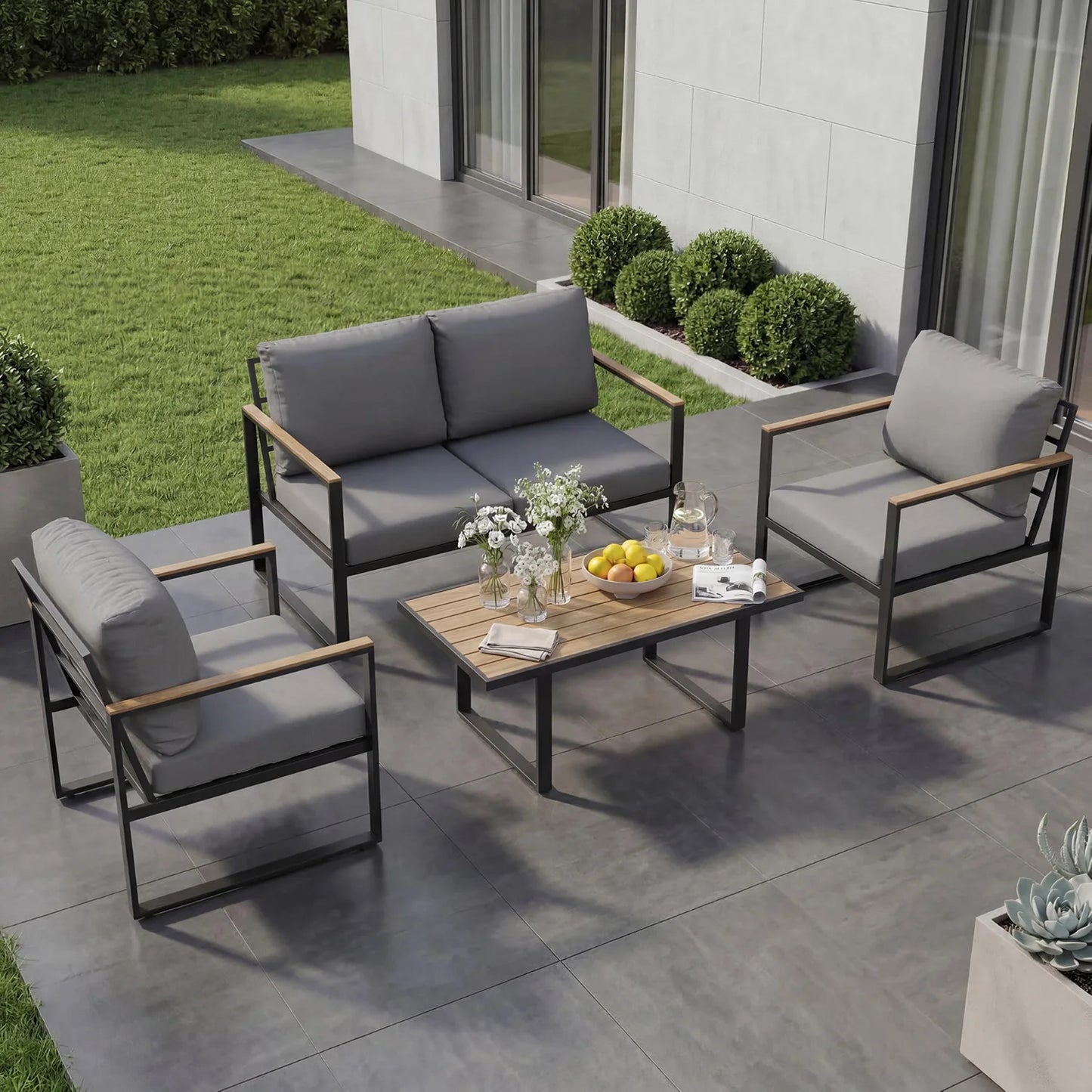 HobbyLane Modern 4 Piece Patio Set With Coffee Table Cushions