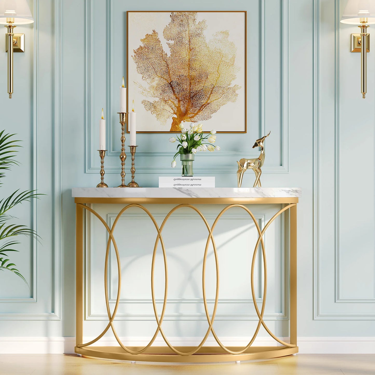Tribesigns Half Moon Console Table With Geometric Metal Frame