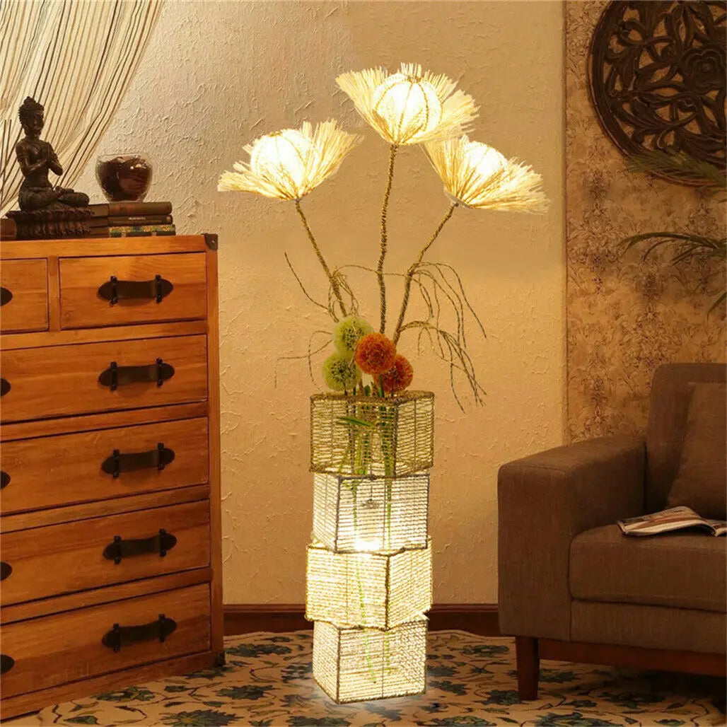 Modern Rattan Floor Lamp Featuring Dimmable LED And Flower Design