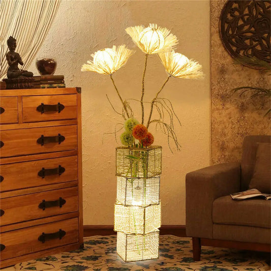 Modern Rattan Floor Lamp Featuring Dimmable LED And Flower Design