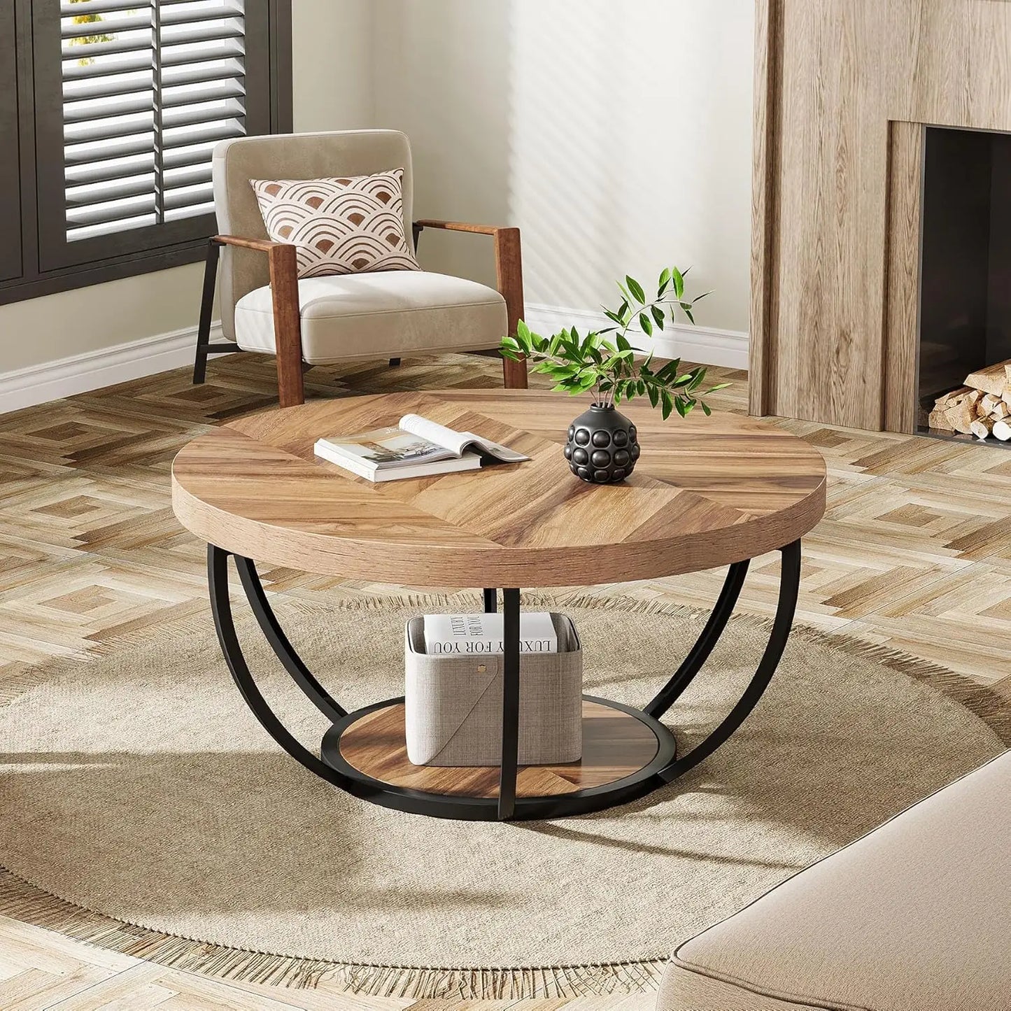 Little Tree Circle Marble Coffee Table With Gold Metal Legs Open Storage