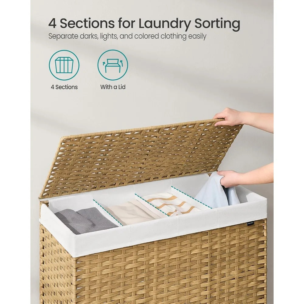 4 Section Rolling Laundry Hamper Lid Wheels Removable Liner
