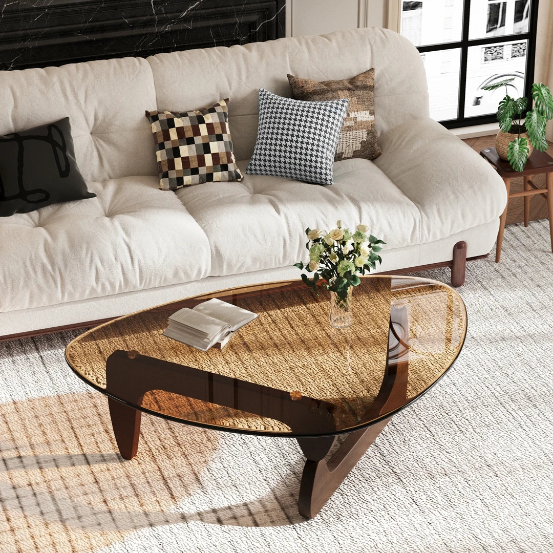 Wisfor Triangular Coffee Table With Tempered Glass And Wood Frame