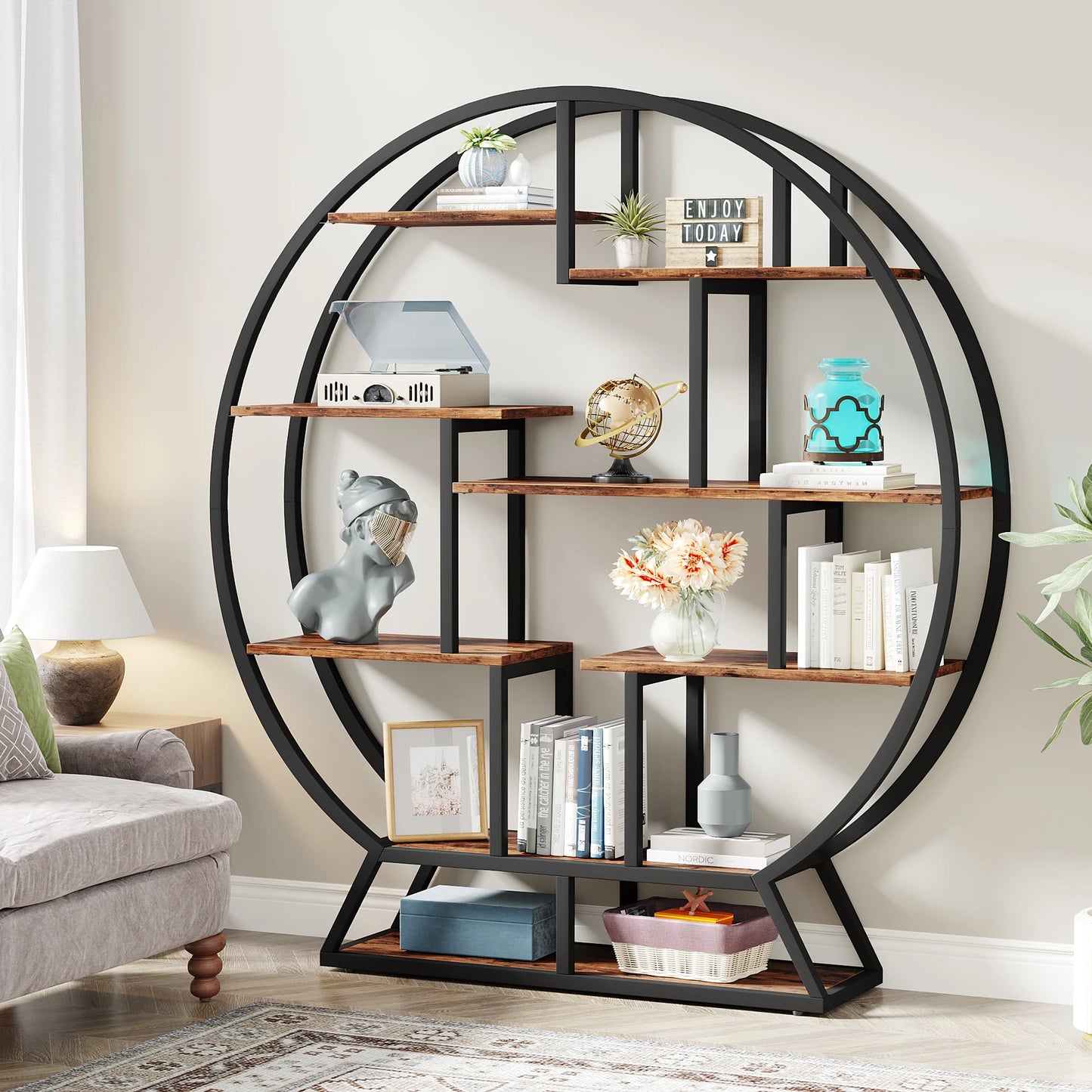 Tribesigns Round Etagere Bookshelf With Staggered Five Tier Shelves
