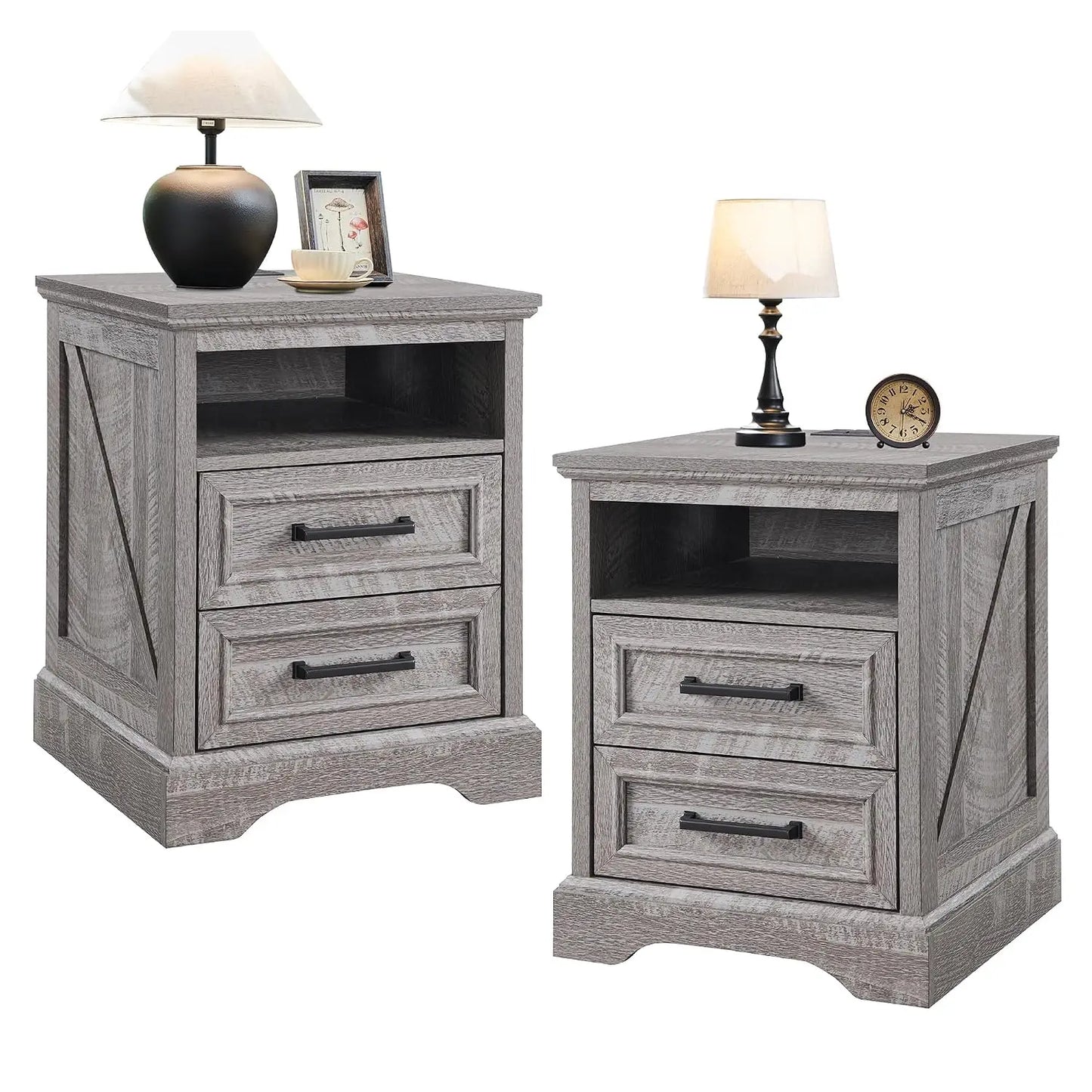 Farmhouse Nightstands Set Of Two Drawers And Charging Station