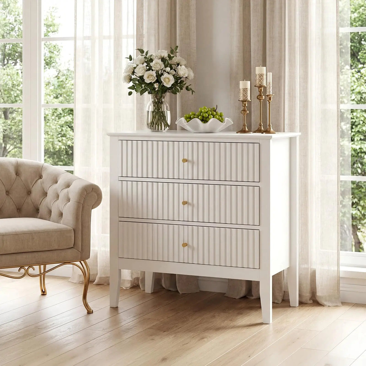 HiMISS Fluted Nightstand With Charging Station And Three Drawers
