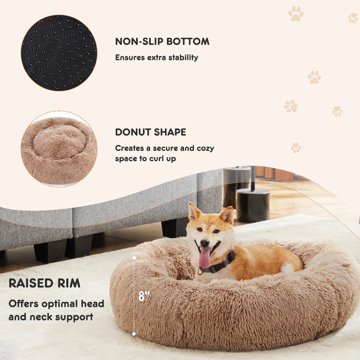 JHK Calming Round Dog Bed For Medium To Large Dogs Washable Plush Faux Fur
