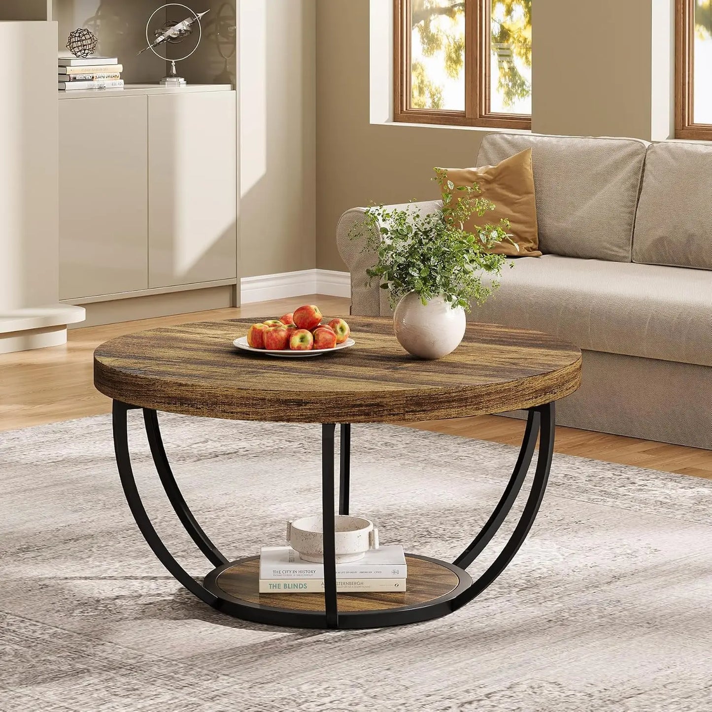 Little Tree Circle Marble Coffee Table With Gold Metal Legs Open Storage