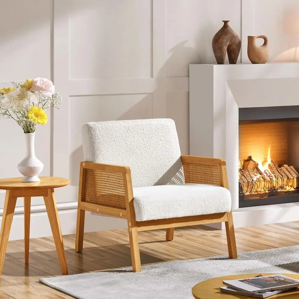 Rattan Accent Chairs Set of 2 Boho Boucle Fabric Armchairs