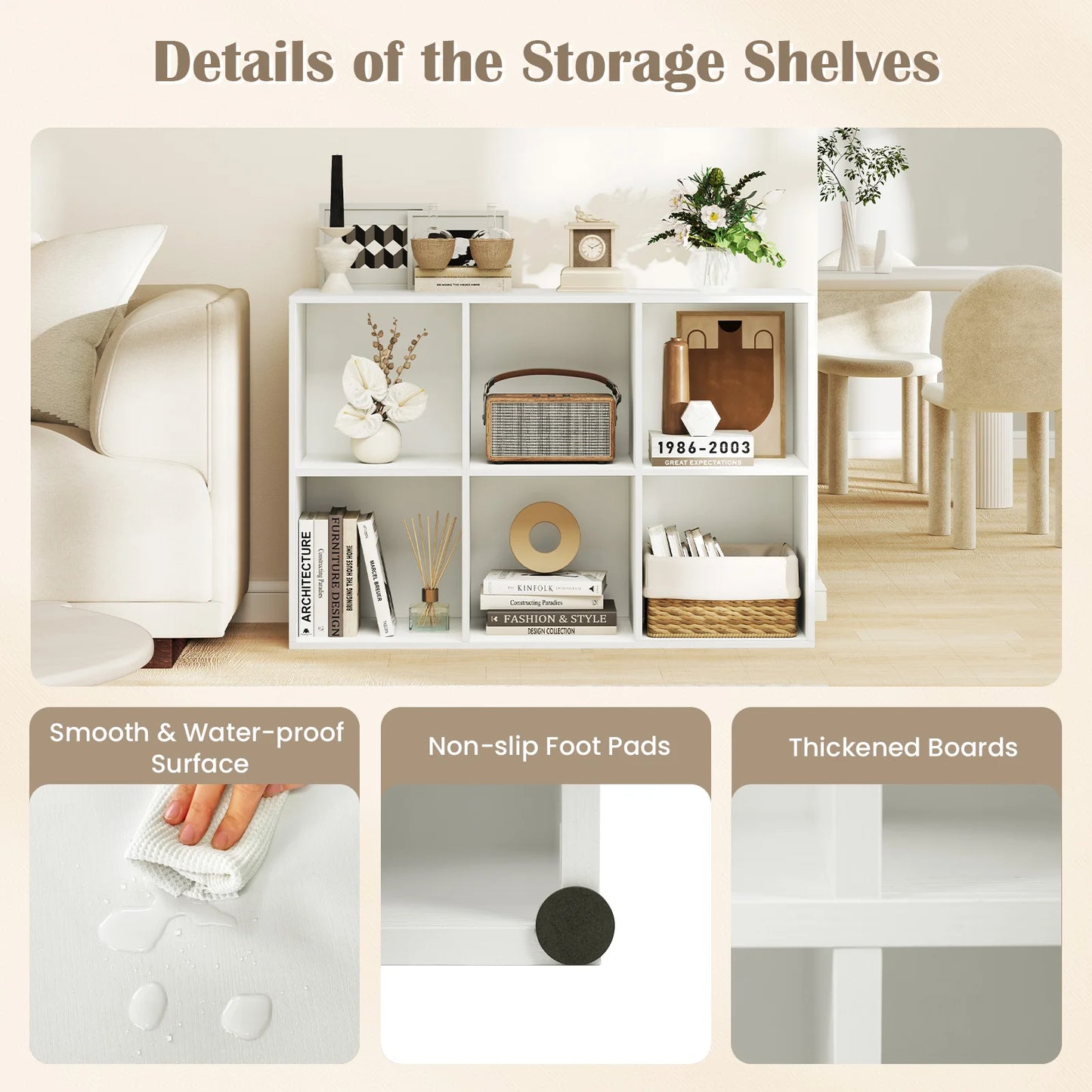HOMASIS 6-Cube Bookcase Modern 3-Tier Storage Organizer Bookshelf